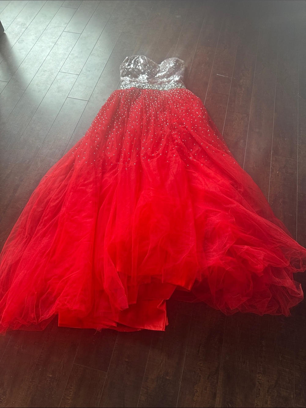 Strapless Red & Silver Sequin Tulle Party Dress for Girls